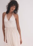 Cream Plisse Metallic Midi Dress
