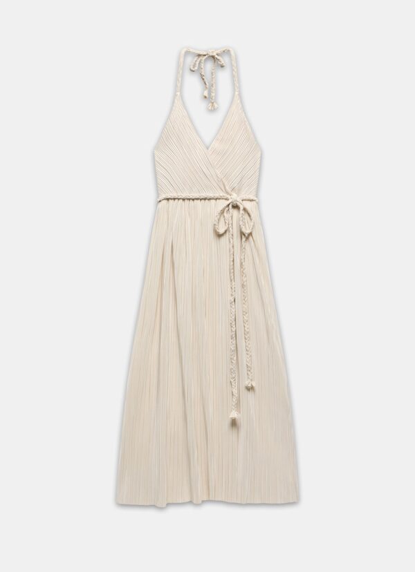Cream Plisse Metallic Midi Dress - Image 6