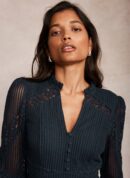 Navy Lace Mesh Ruffle Midi Dress