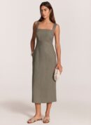 Khaki Linen Midi Dress