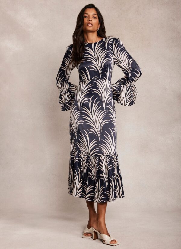 Navy Leaf Print Midi Dress - Image 4