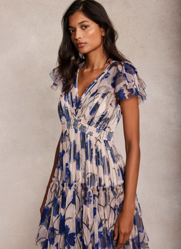 Neutral Floral Print Tulle Maxi Dress - Image 3