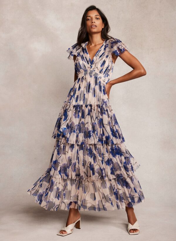 Neutral Floral Print Tulle Maxi Dress - Image 5