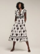 White Cotton Shell Print Midi Dress